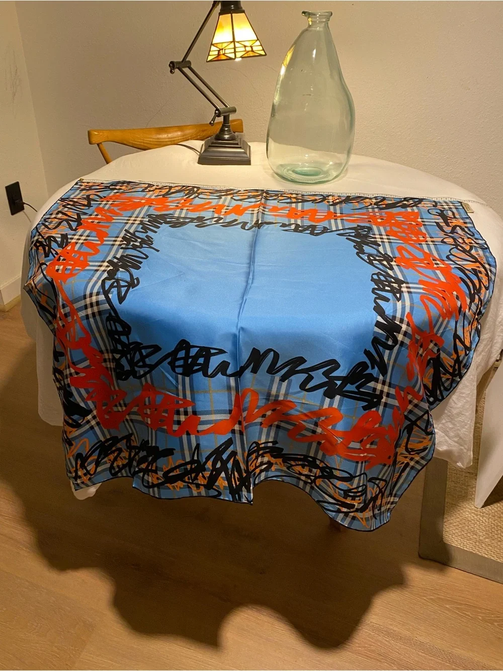 Burberry Blue and Orange Plaid Silk Scarf with Black Accents